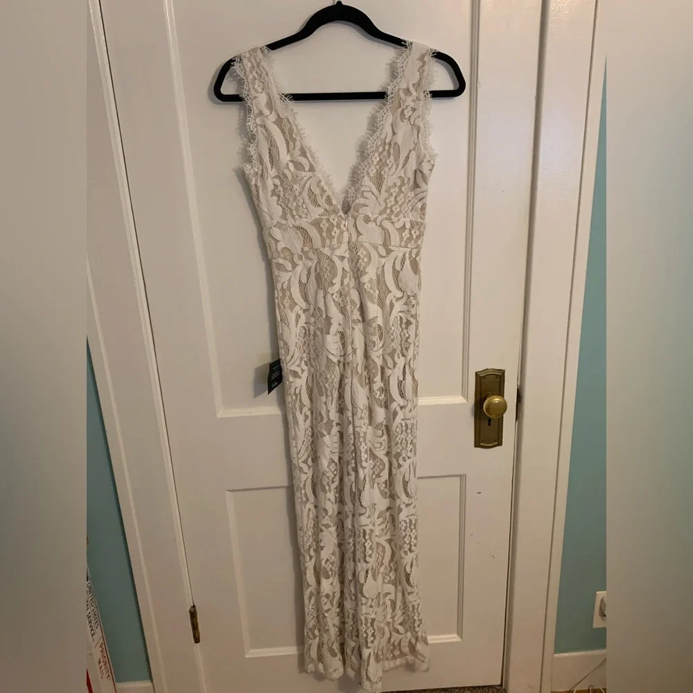 NWT Lulus Enamored With You White Lace Wide-Leg Jumpsuit, Womens Size XS